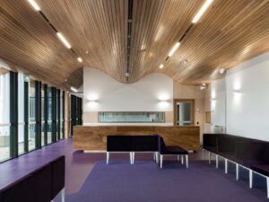 Modern reception area with timber ceiling and lounge seating