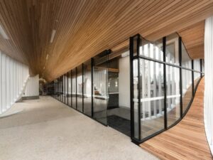 Modern glass corridor with timber ceiling and deck