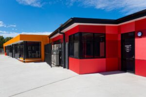 Modern red and orange commercial building exterior